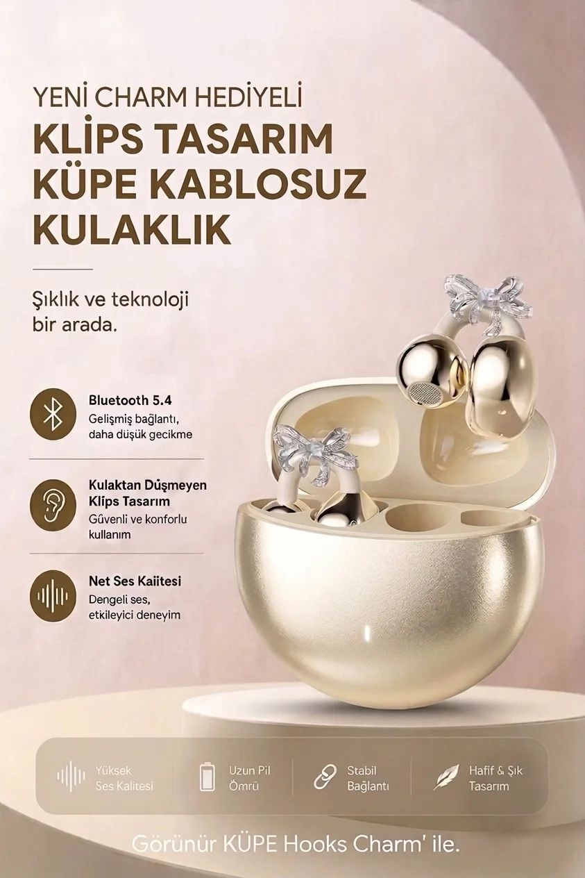 Fiyonk Charm Hediyeli Modern Klips Tasarımlı Kablosuz Kulaklık